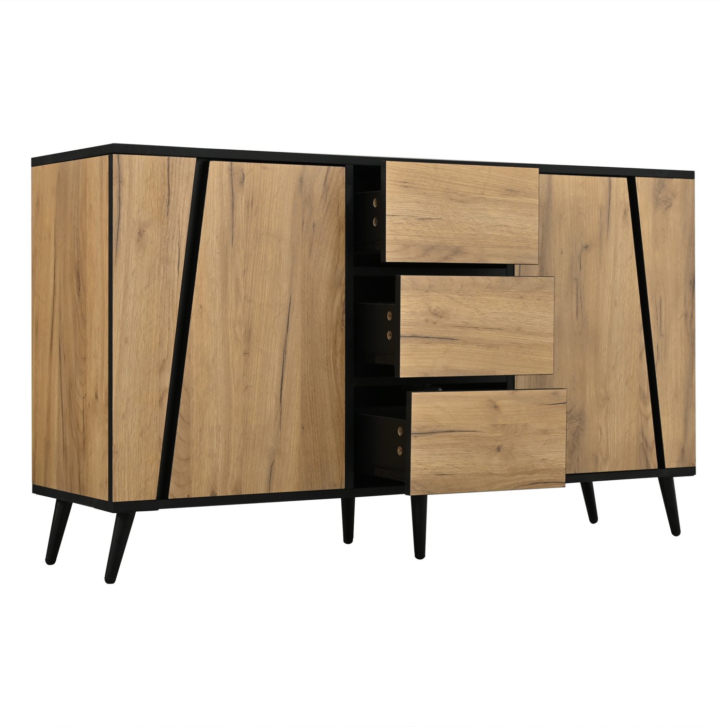 SONNENH Dressoir met 2 deuren, 3 laden en verstelbare voeten - Naturel houtlook en zwart - 120 x 40 x 70 cm