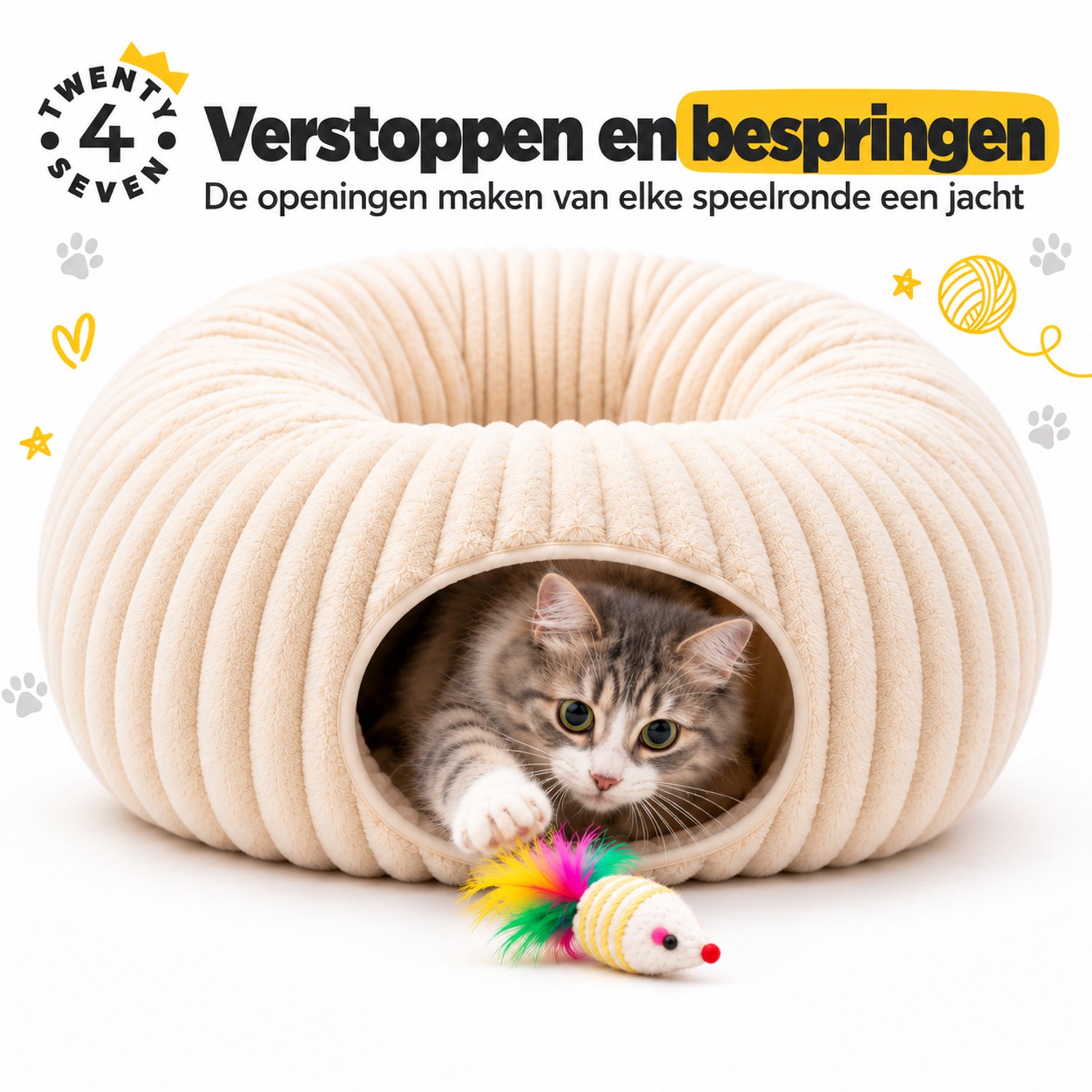 Twenty4seven® Kattentunnel Donut 20-Delig - Opvouwbare Speeltunnel met Kattenspeeltjes en Kattenkruid - Rond Kattenspeelgoed voor Kitten en Kat - Buis 25 cm thumbnail 2