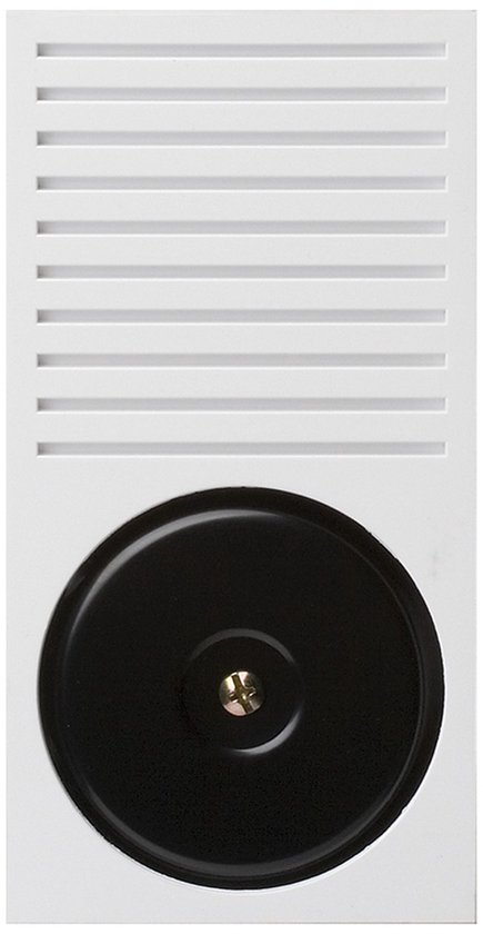 Witte bedrade deurbelgong met een zwarte, ronde bel in het midden en horizontale ventilatiegroeven.