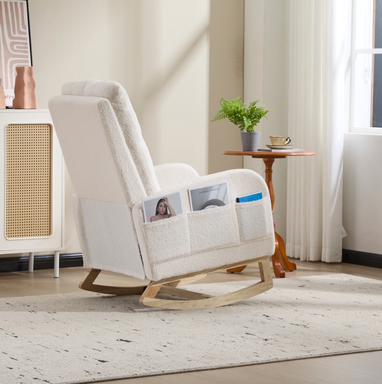 MODENUIT Schommelstoel - Hoge Rugleuning Met Voetensteun - Voor Woonkamer - Teddystof Wit - 75x63x104 Cm