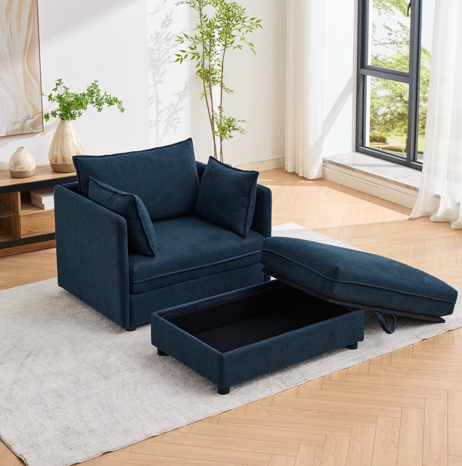 MODENUIT Fauteuil - 1-Zits Met Opberghocker - Voor Kleine Woonruimtes - Fluweel - Blauw - 149x103,5x81 Cm