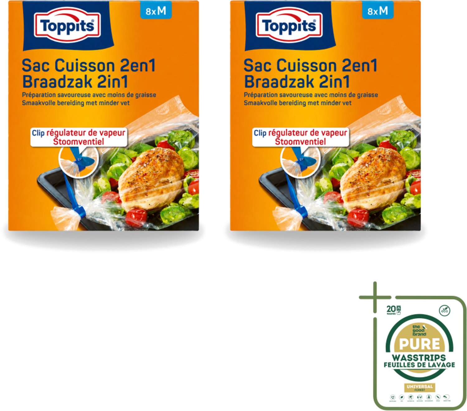 2 x Toppits – 2-in-1 Braad- & Stoomzakken – Maat M – 8 Zakjes - Wasstrips - Braadzak Oven - Stoomzak Oven - Oven Bakken - Magnetron Bakken - Vetvrije Bakken
