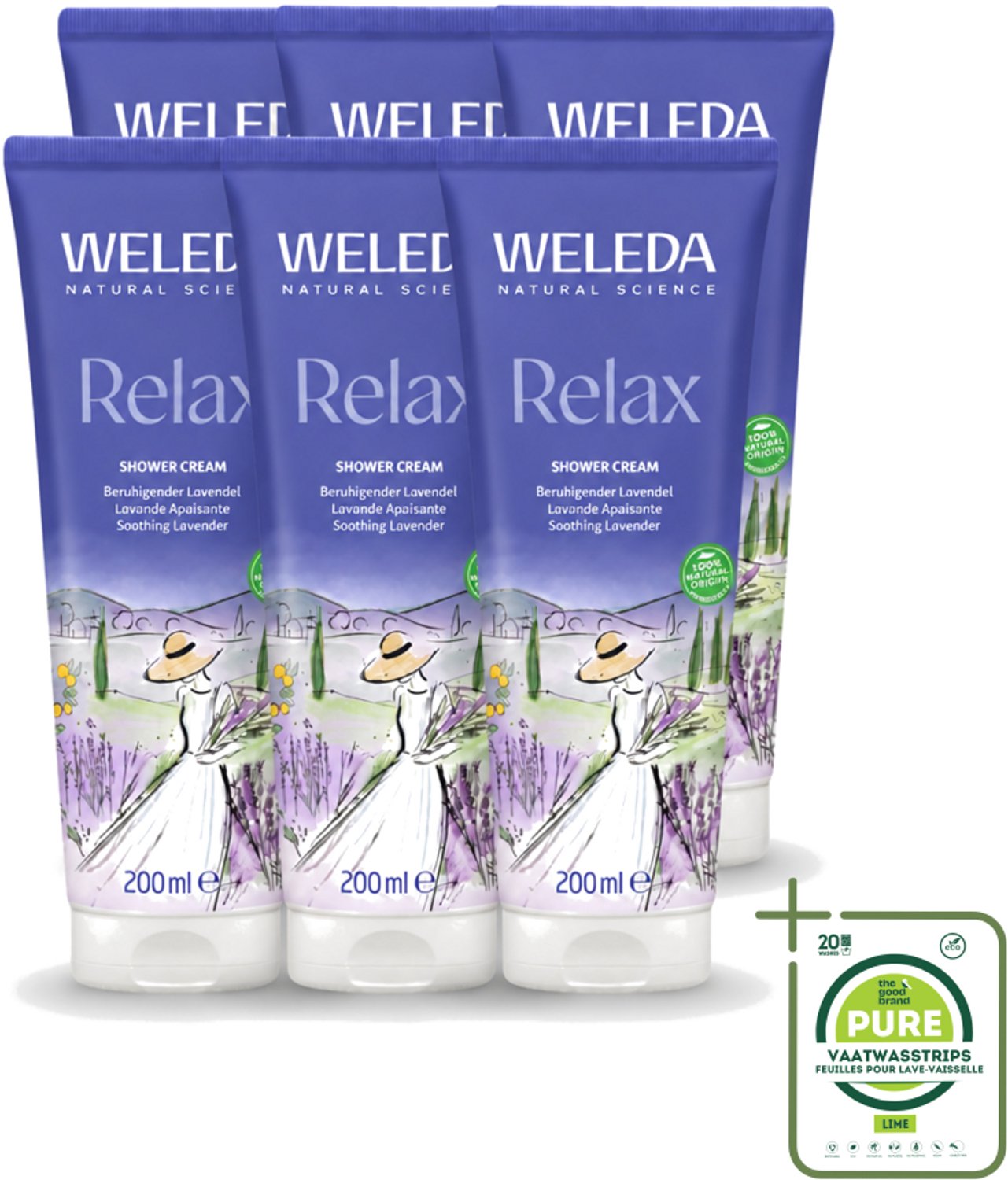 6 x WELEDA - Douchecrème Aroma Shower Relax - 200 ml - Grootverpakking - Vaatwasstrips - Douchecrème - Ontspanning - Aromatherapie - Natuurlijke Douchecrème - Lavendel