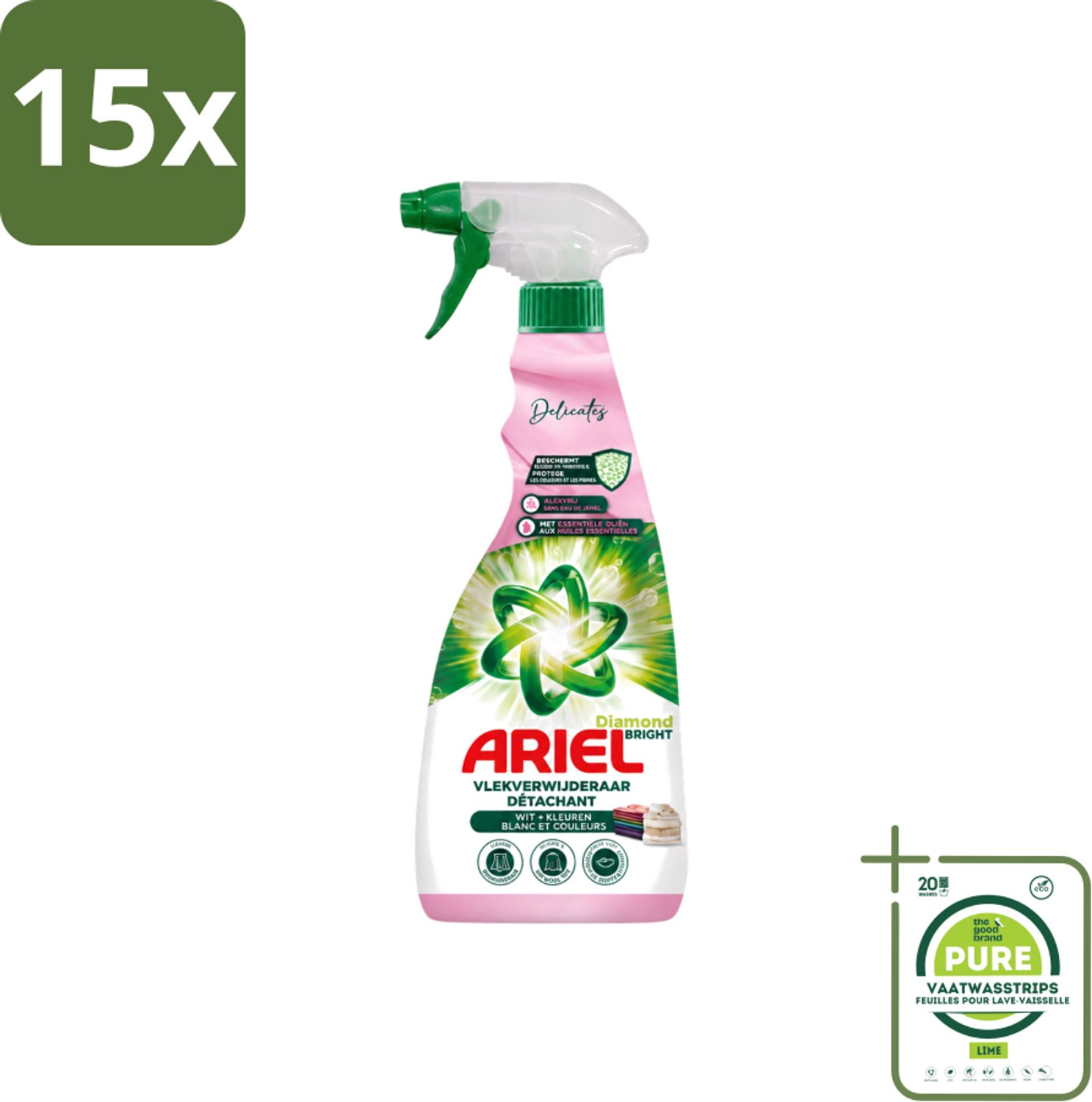15 x Ariel - Vlekkenverwijderaar - Delicate & Wool Spray - 750 ml - Grootverpakking - Vaatwasstrips - Vlekken Verwijderen - Delicate Stoffen Reinigen - Babykleding Reinigen - Wol Reinigen - Zijde Reinigen