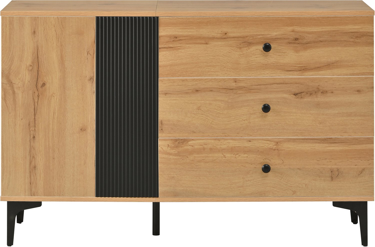 SONNENH Dressoir met 1 deur, 3 laden en zwart middenpaneel - Naturel houtlook - 120 x 35 x 76 cm