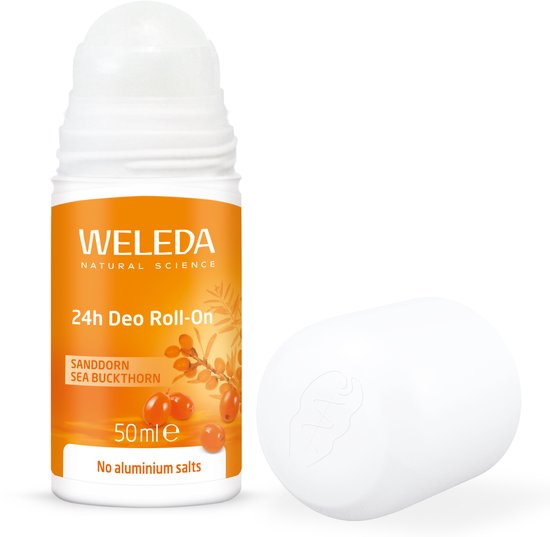 Weleda 24h Deo Roll-on met duindoorn en tekst 'No aluminium salts', 50ml, met losse witte dop.