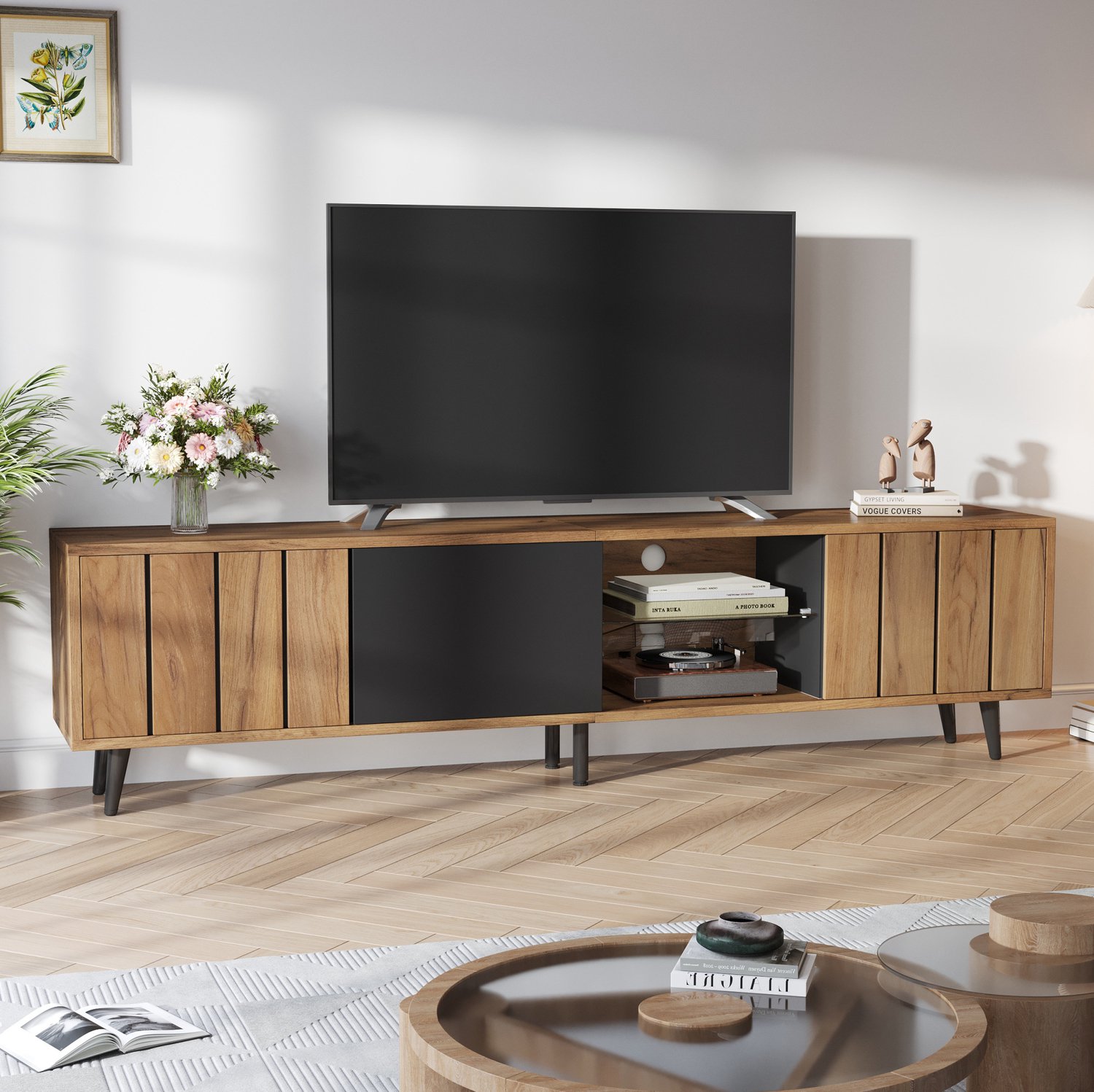 CHICFURN TV-meubel - 75 inch tv - Opbergruimte - 3 deuren - Zwart en houtkleur Natuurlijk