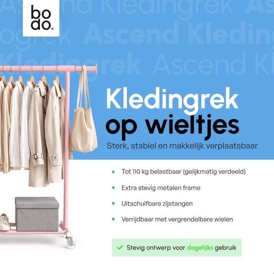 Roze kledingrek met een lijst van kenmerken over stabiliteit, draagvermogen en wielen. Tekst: 'Kledingrek op wieltjes'.