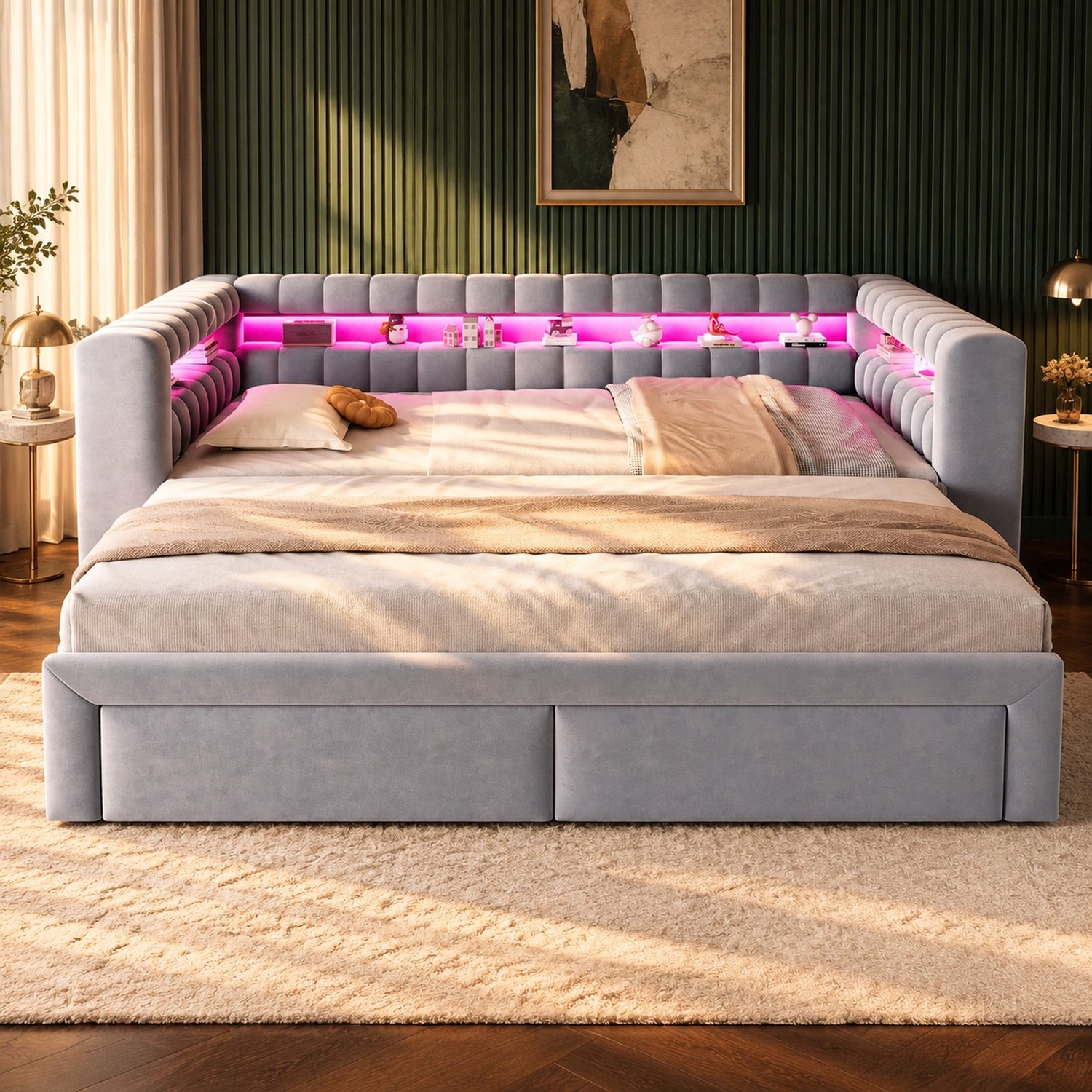 Wishdor Slaapbank 90x190 cm - Uitschuifbaar tot 180x190 cm - Twee bedlades en opbergvakken - LED-verlichting en USB- en type C-aansluiting - Fluweel - Lichtgrijs