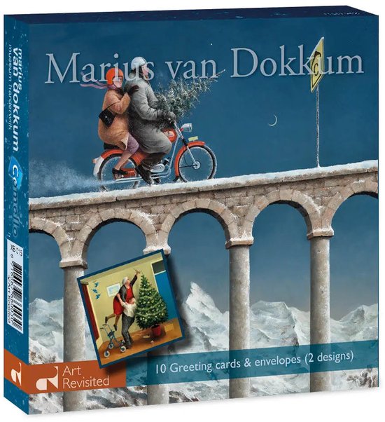 Doos met 10 Marius van Dokkum kerstkaarten en enveloppen met twee illustraties van een ouder stel.