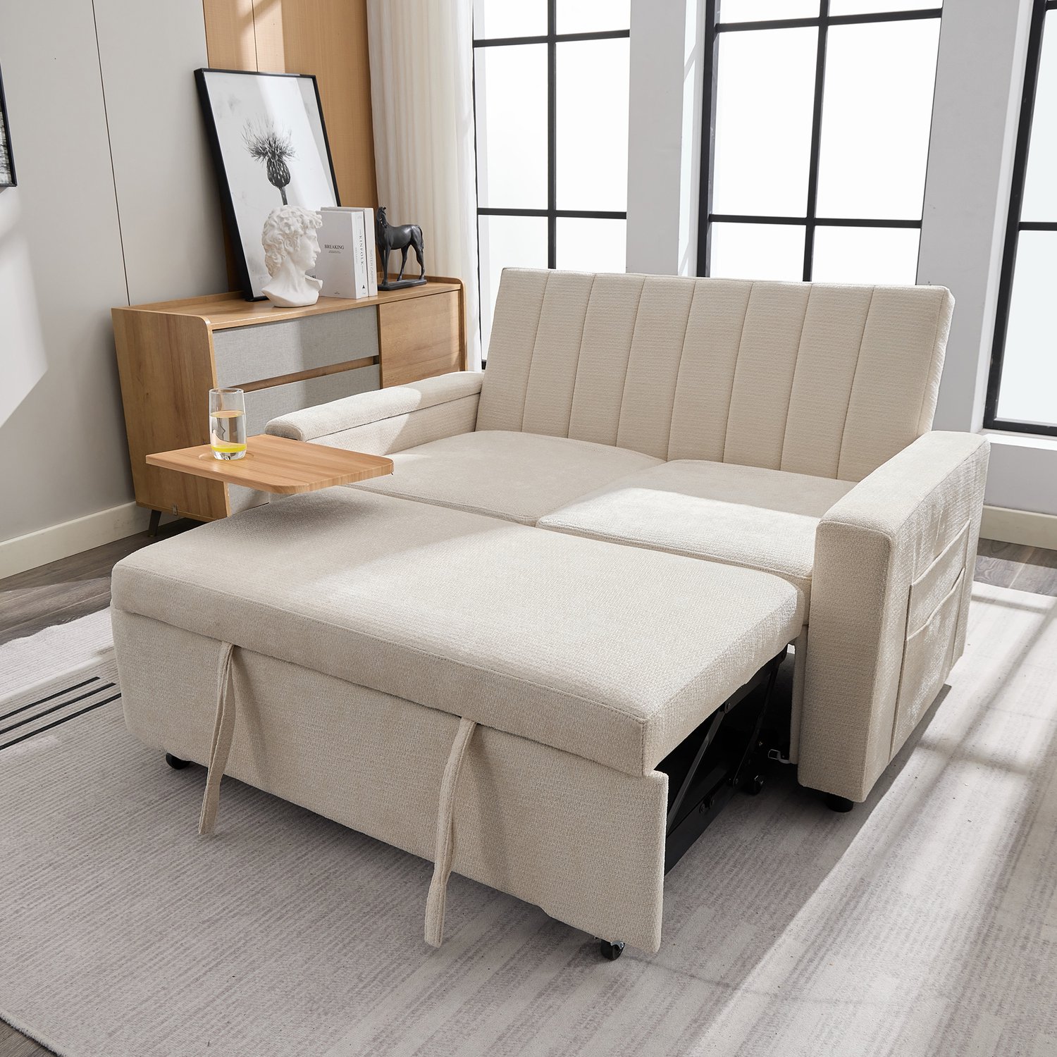 MIVRAY Slaapbank 140 x 84,5 x 84 cm - Uitschuifbaar met Verstelbare Rugleuning - Voor Woonkamer en Logeerkamer - Chenille - Beige