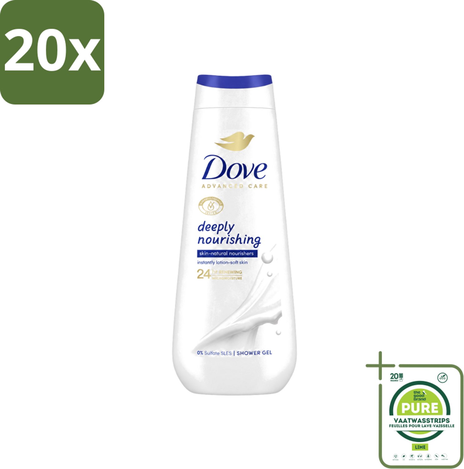 20 x Dove Douchecrème - Deeply Nourishing - 600 ml - Grootverpakking - Vaatwasstrips - Douchegel - Huidverzorging - Droge Huid - Hydratatie - Micromoisture