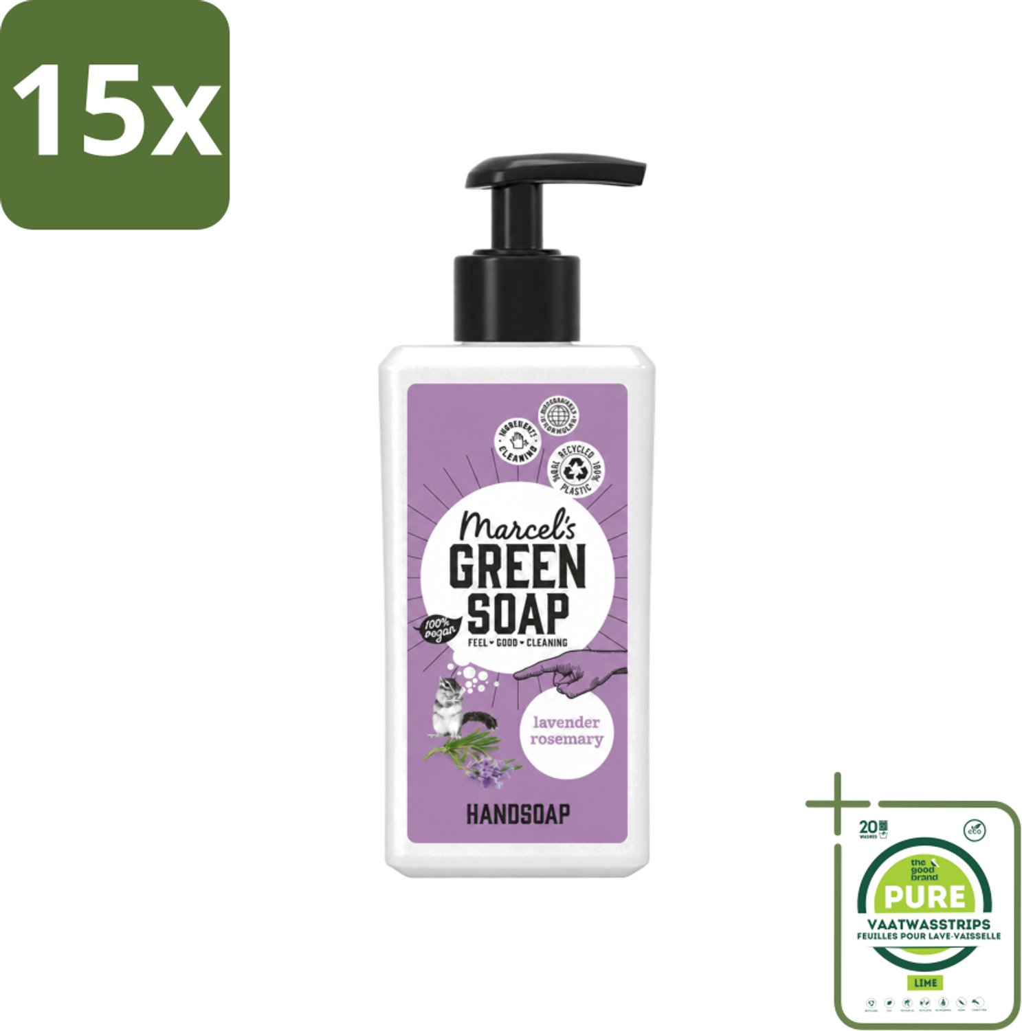 15 x Marcel's Green Soap - Handzeep - Lavendel & Rozemarijn - Zachte verzorging - 250 ml - Grootverpakking - Vaatwasstrips - Handzeep - Handen Verzorgen - Natuurlijke Handzeep - Lavendel Handzeep - Rozemarijn Handzeep