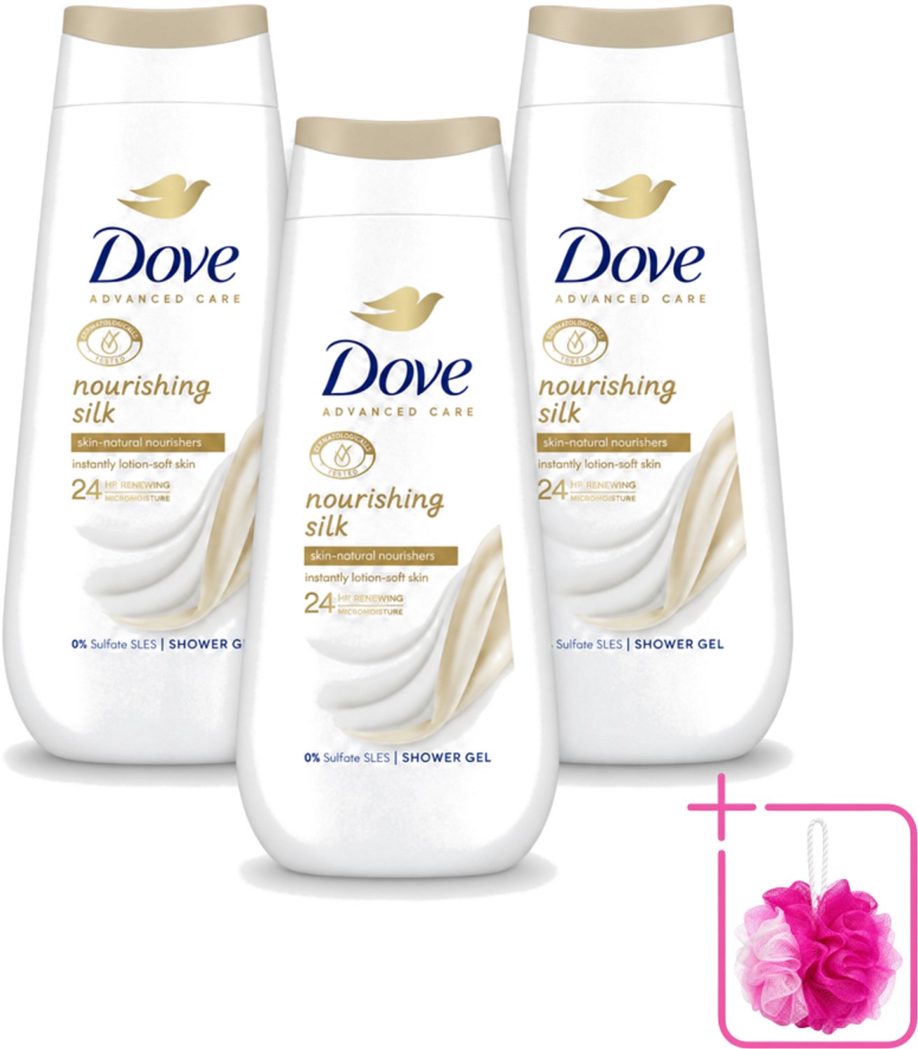 3 x Dove Douchecrème - Nourishing Silk - 225 ml - Bulkverpakking - Douchecrème - Douchemop - Huid verzorging