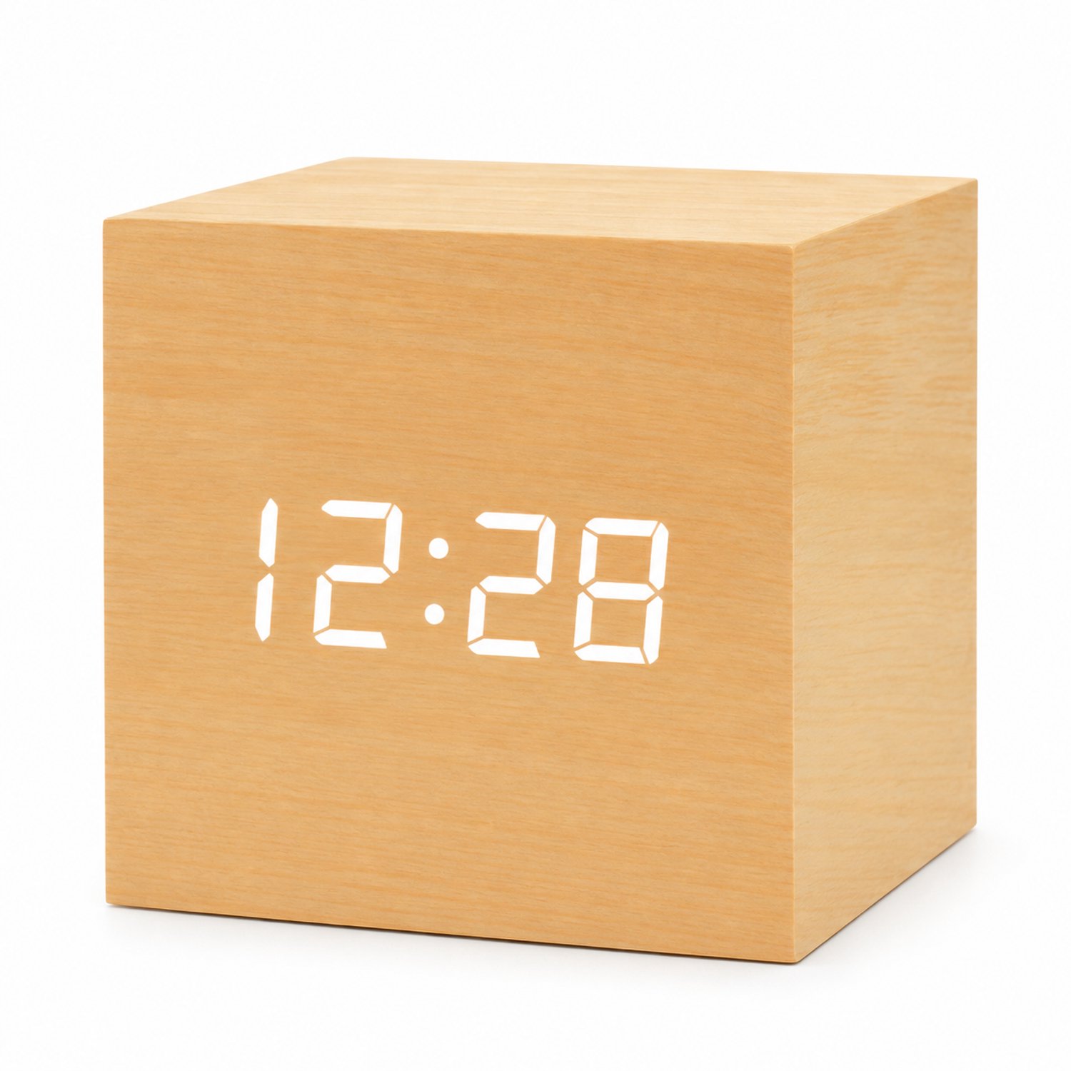 wekker - Vierkante houten behuizing met witte LED-cijfers - Temperatuurweergave - Batterij- of USB-voeding
