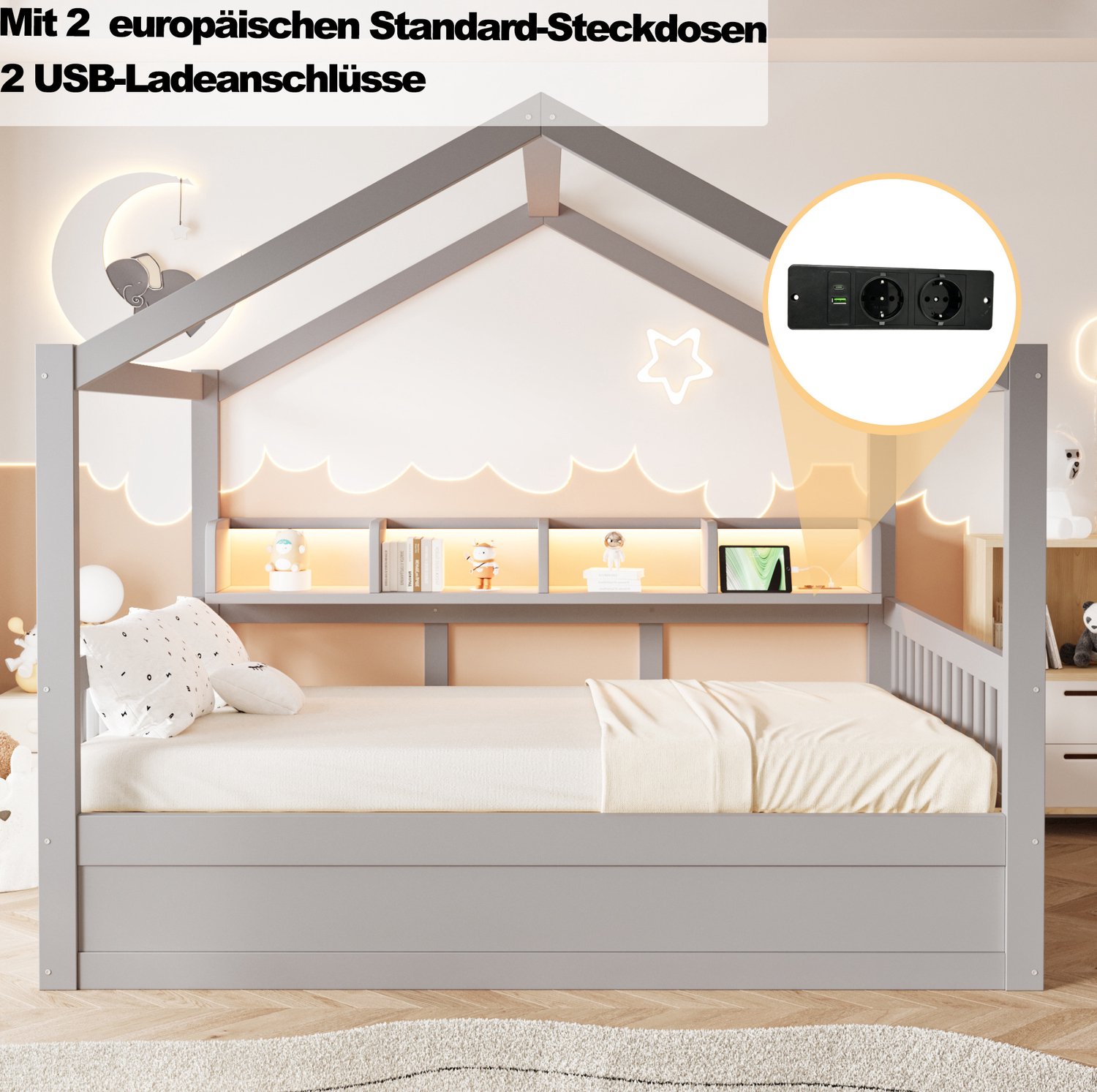 Wishdor Huisbed 140x200 cm - Hydraulische opbergruimte en dakframe - Veiligheidshekjes, vakken, LED-verlichting en stopcontacten - Kinderkamer en logeerkamer - Hout en MDF - Grijs