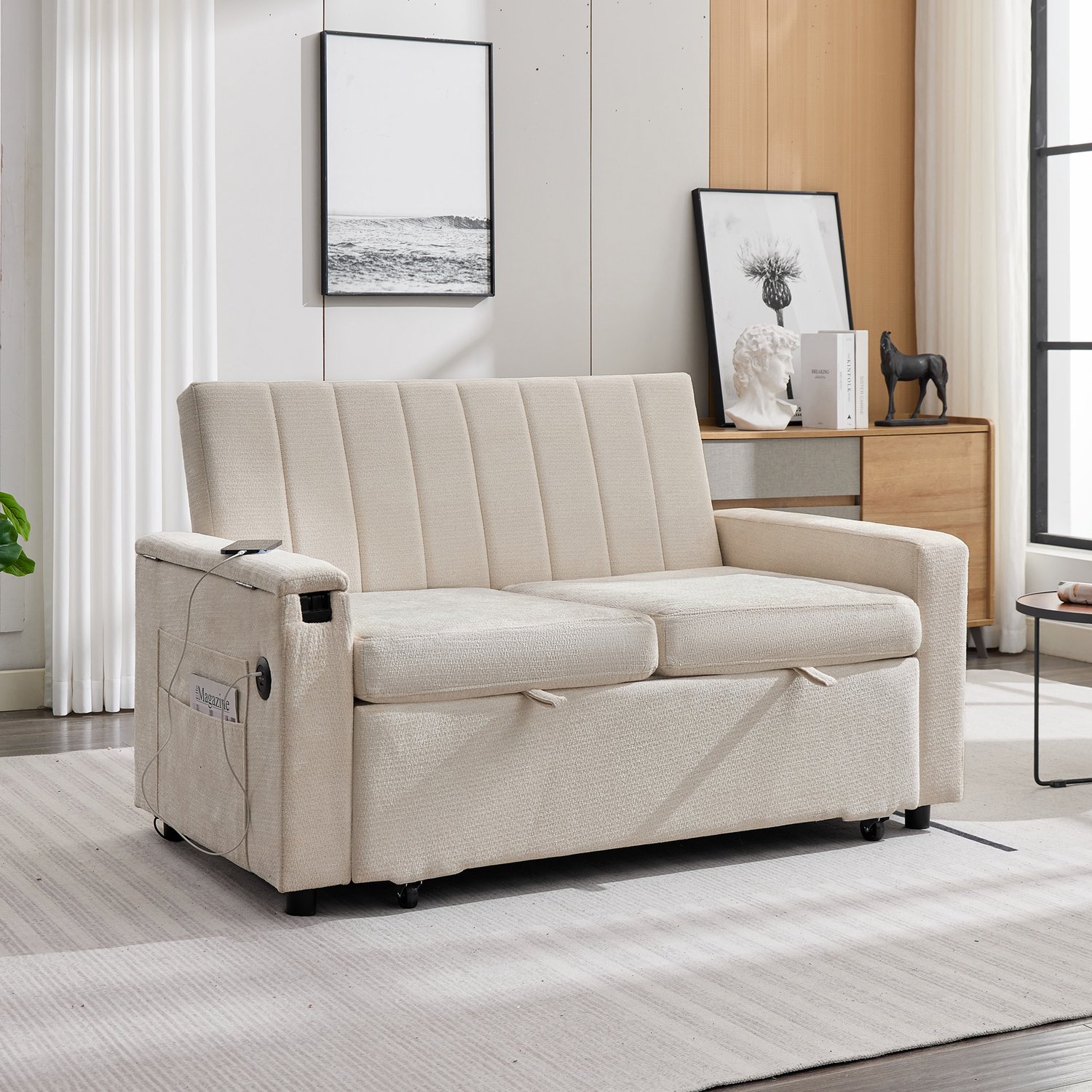 FloraGrace Slaapbank 140 x 84,5 x 84 cm - 2-Zits Uitklapbaar Met USB En Type C - Voor Woonkamer En Gastenkamer - Chenille - Beige
