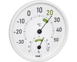 analoge Thermo-hygrometer voor binnen en buiten, 45.2045.02, met gekleurde comfortzones, om op te hangen of neer te zetten, wit, (L) 131 x (B) 19 (58) x (H) 131 mm