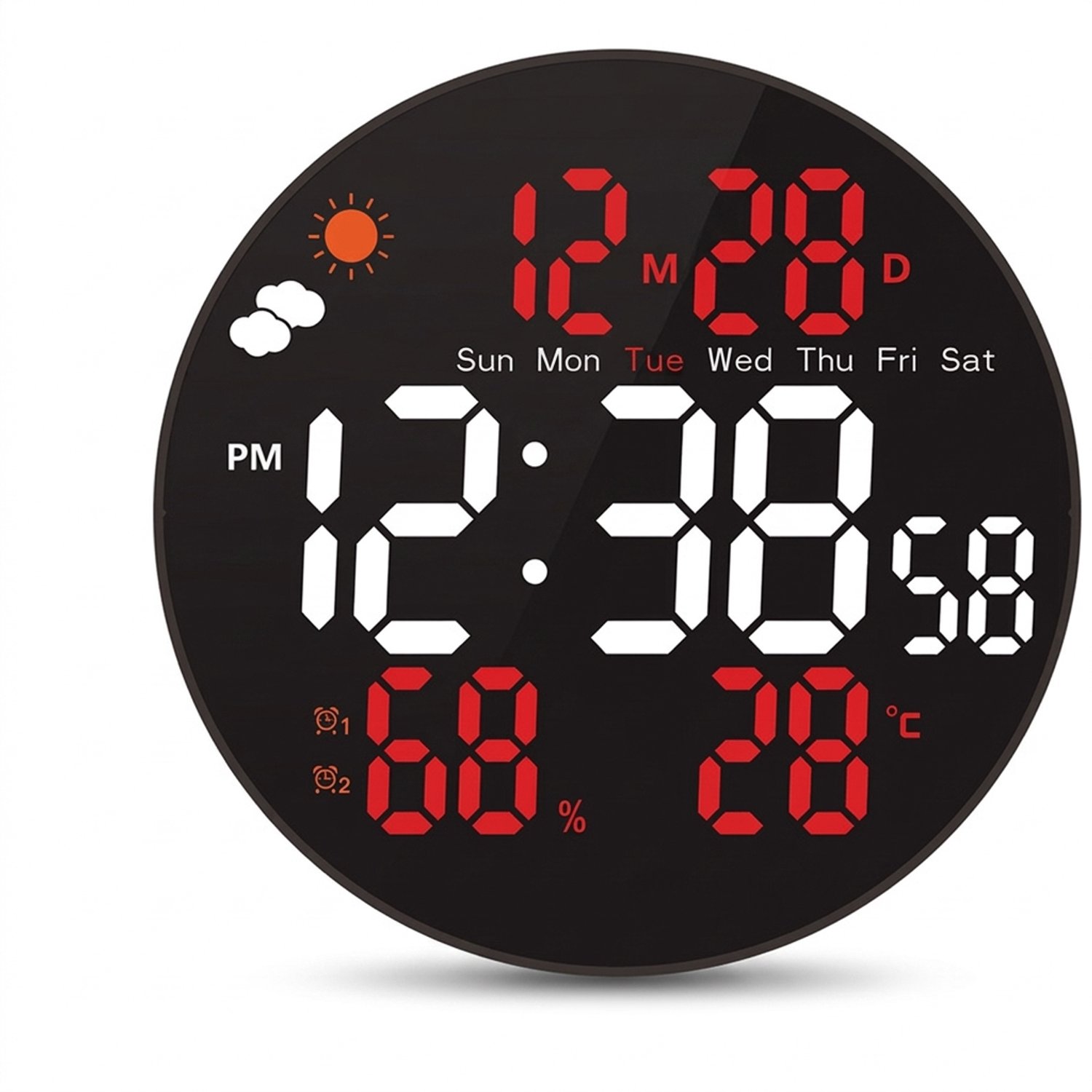 Digitale wekker - ronde LED-wandklok van 10 inch - wit-rode weergave - temperatuur, luchtvochtigheid en kalender - externe voeding