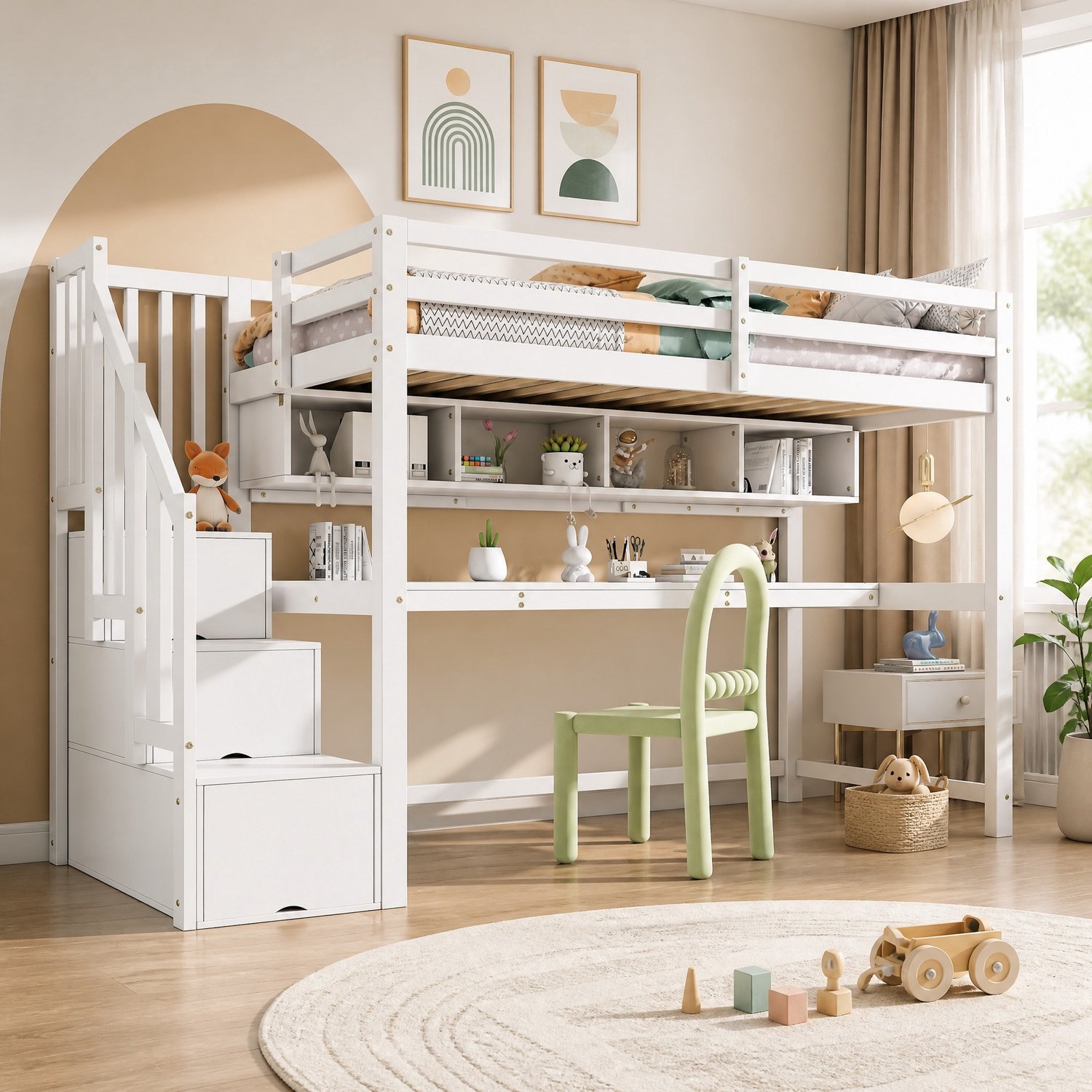 WUVRIE Kinderhoogslaper 90x200 cm - Met bureau, opbergtrap en planken - Wit