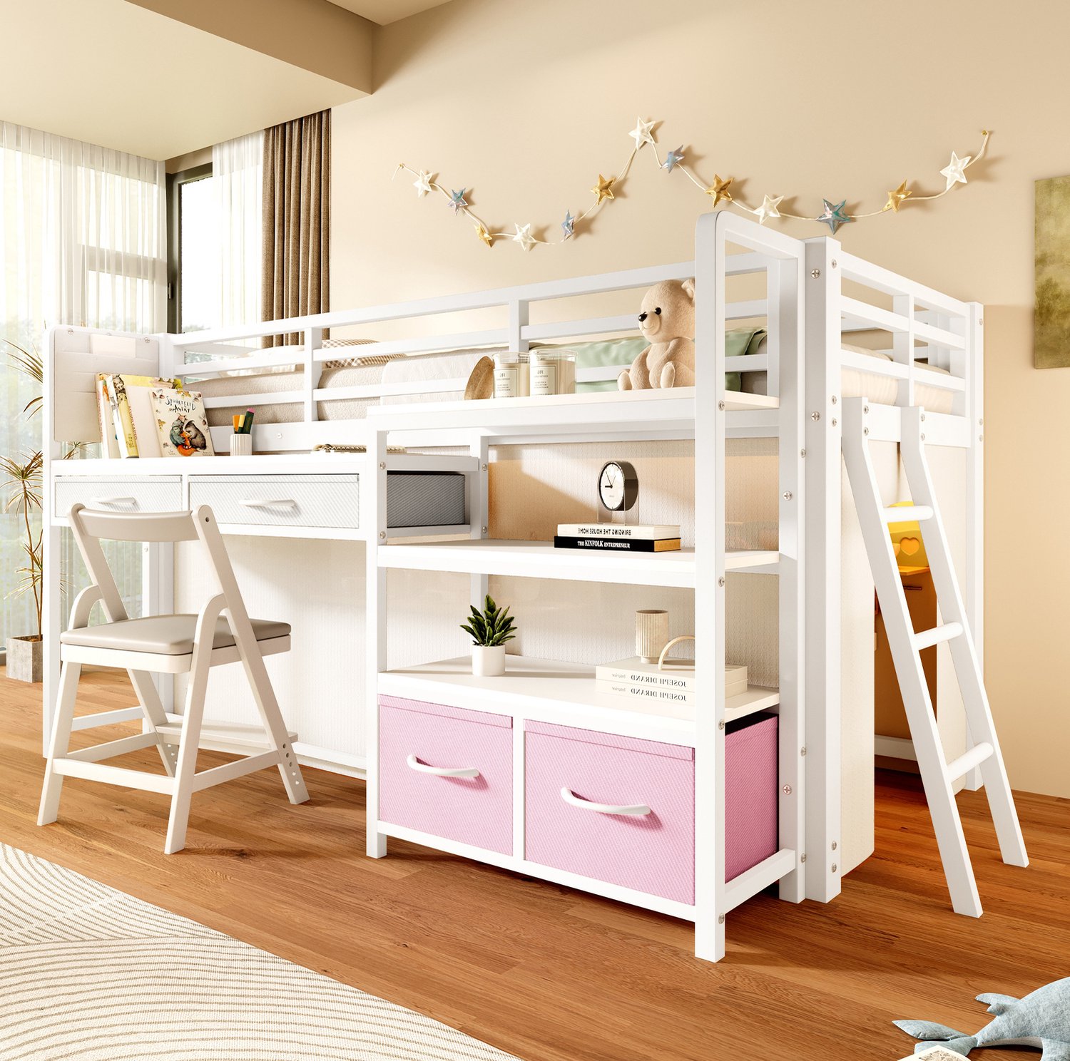 OKWISH Hoogslaper 90 x 200 cm - Kinderbed met Bureau en Meerkleurige Verlichting - Opbergruimte en Stoffen Lades - Metaal - Zonder Matras - Wit