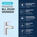 Informatiekaart voor GROHE QuickFix wastafelkraan met iconen voor functies zoals koudwaterstart en push-open waste.