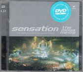 Sensation The Mega Mixes cd-hoes met livefoto van een groot dance-evenement en een blauwe dvd-sticker.