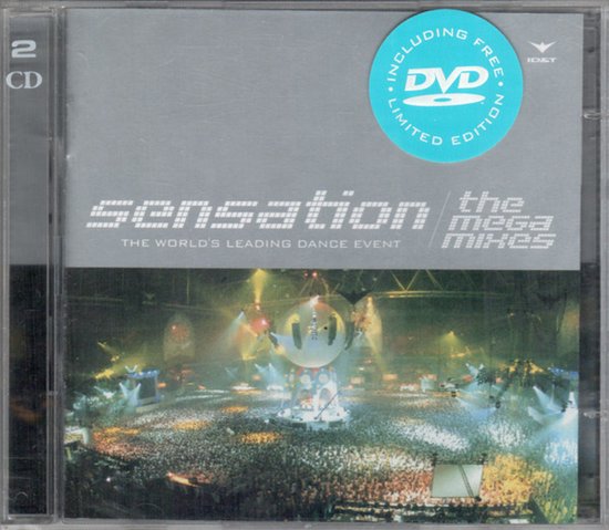 Sensation The Mega Mixes cd-hoes met livefoto van een groot dance-evenement en een blauwe dvd-sticker.