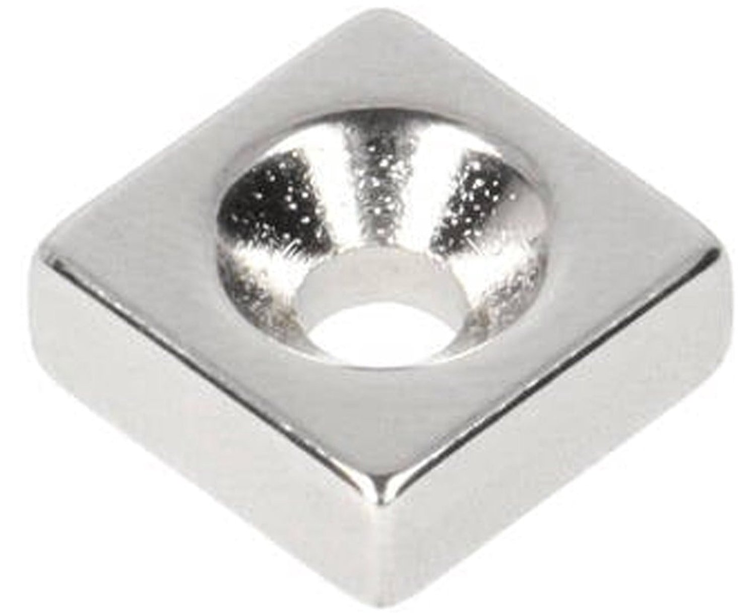 Neodymium Blokmagneet met boor-/verzinkgat 13,5 x 13,5 x 5 mm N48 NiCuNi Zuid Pool – 8 stuks