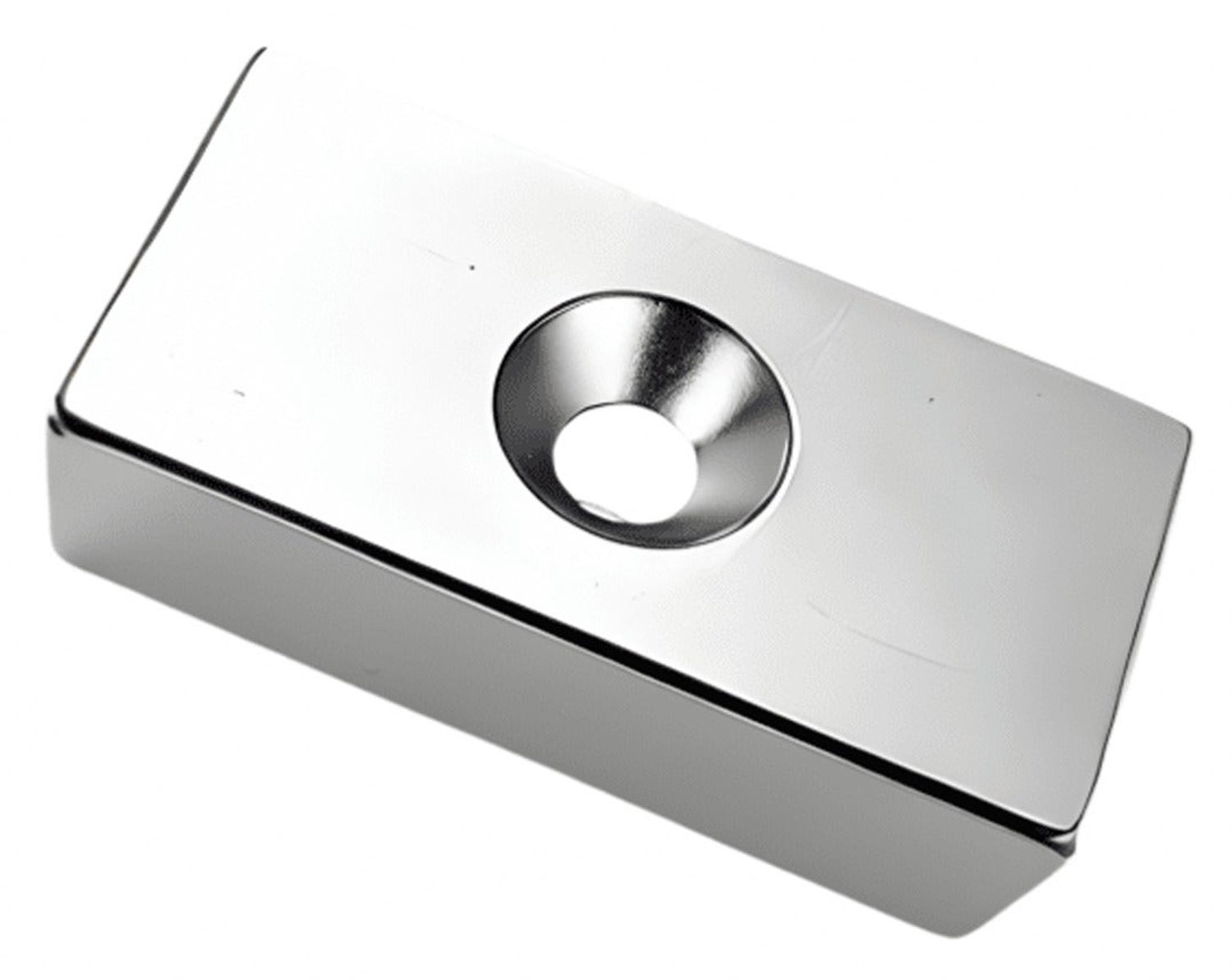 Neodymium Blokmagneet met boor-/verzinkgat 40 x 20 x 10 mm N45 NiCuNi Zuid Pool – 2 stuks