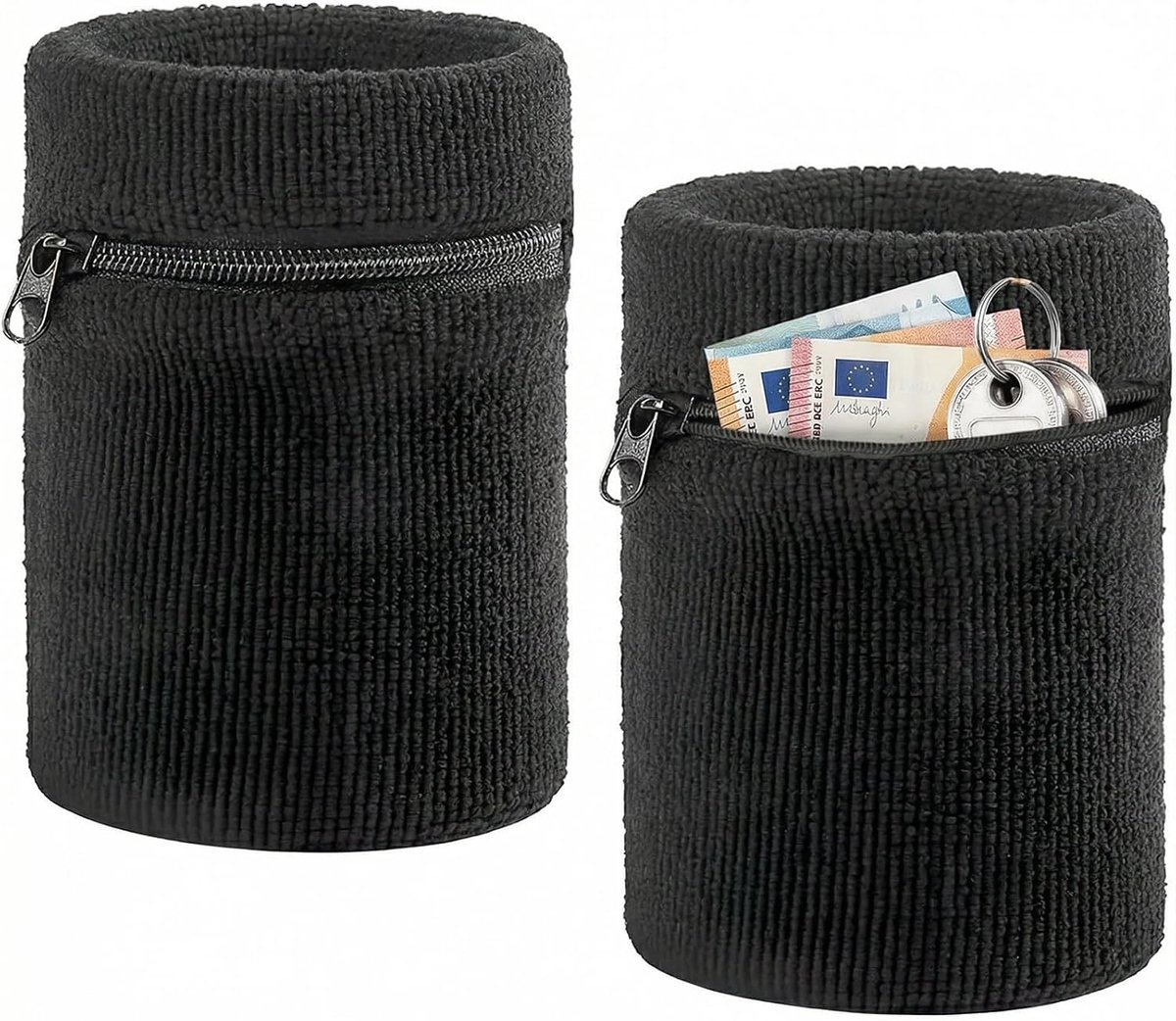 2 stuks katoenen zweetband pols met ritsvak - skipashouder, armtas, ritssluiting polszak voor joggen, basketbal, tennis, zweetabsorberend en stabiliserend