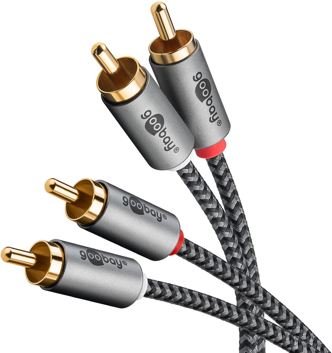 Image of Goobay 0,5 m stereo-tulpkabel, 2 tulpstekkers naar 2 tulpstekkers, zwart-zilver, textielmantel, koper en vergulde contacten