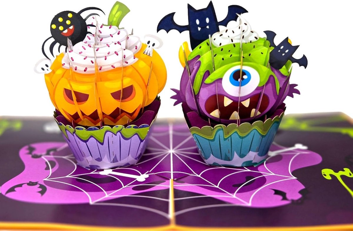 3D pop-up kaart Halloween cupcake-monster met pompoen, spin en vleermuizen – handgemaakte vouwkaart 15 x 20 cm met envelop, creatieve griezelkaarten voor kinderen en volwassenen, decoratie en
