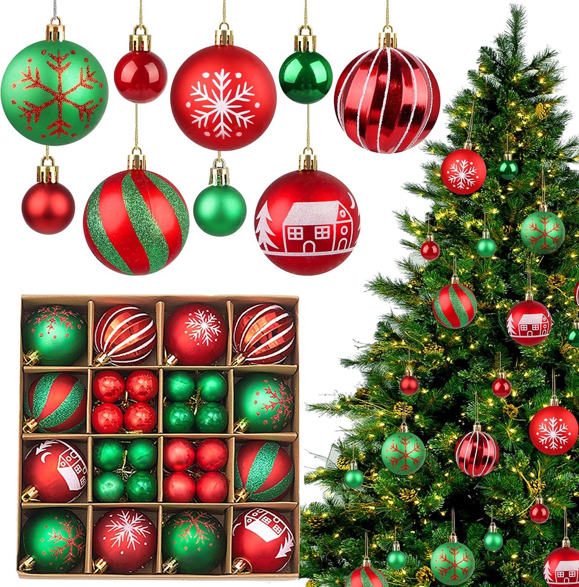Kerstballen rood groen, 3cm & 6cm kerstballen van kunststof, Christmas Baubles, onbreekbare kunststoff decoratieve ballen voor kerstboom & feestelijke decoratie (rood en groen)