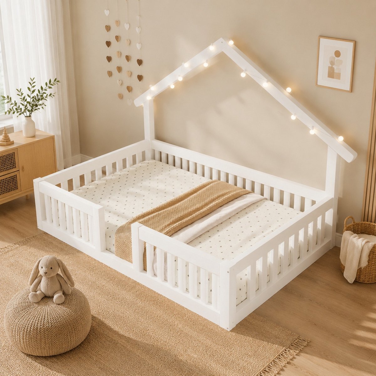 DESMIU Kinderbed 90x200 cm - Huisbed met Veiligheidshekje - LED-Lichtslinger met Schakelaar - Vloerbed van Hout - Zonder Matras - Wit