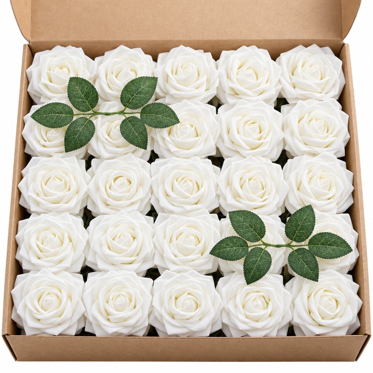 YYchan Set van 25 Witte Foam Kunstrozen met Buigbare Steel en 2 Groene Bladeren