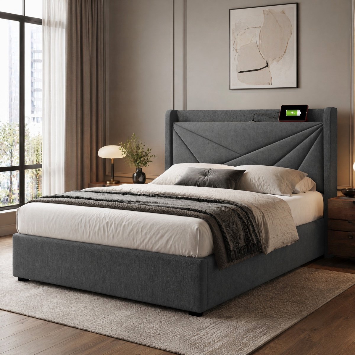 WUVRIE Eenpersoonsbed 90x200 cm met opbergruimte, USB en USB-C, lattenbodem en stoffen hoofdbord, grijs