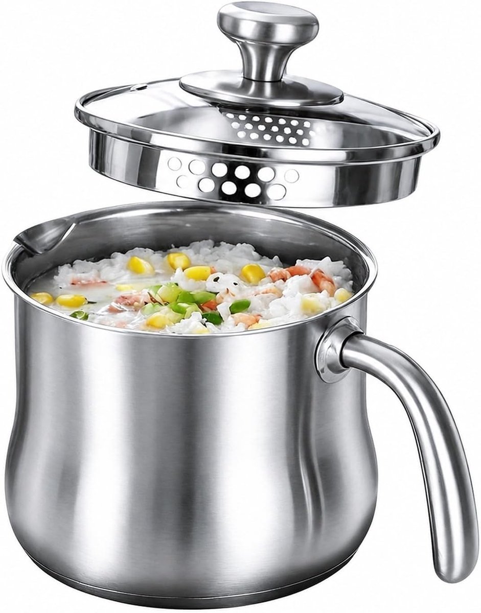 Melkpan voor Inductie - Roestvrij Staal - 2 Liter - Met Glazen Deksel en Anti-Verbrandingsgreep - Voor Koken en Opwarmen