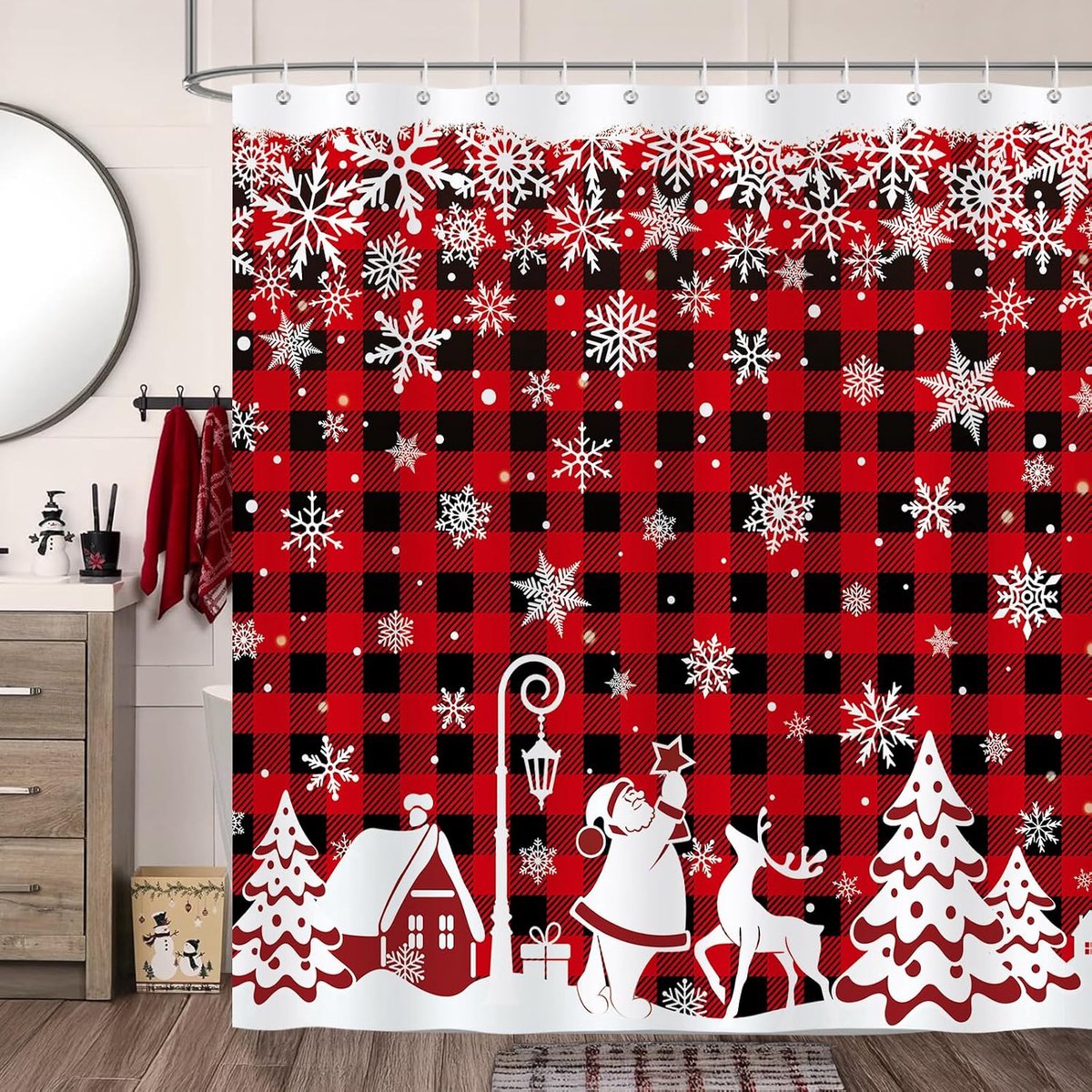 Douchgordijn 180x180 cm - Rode Zwarte Ruit met Sneeuwvlokken - Kerstboom en Rendier - Waterdicht en Schimmelbestendig - ShopVlot