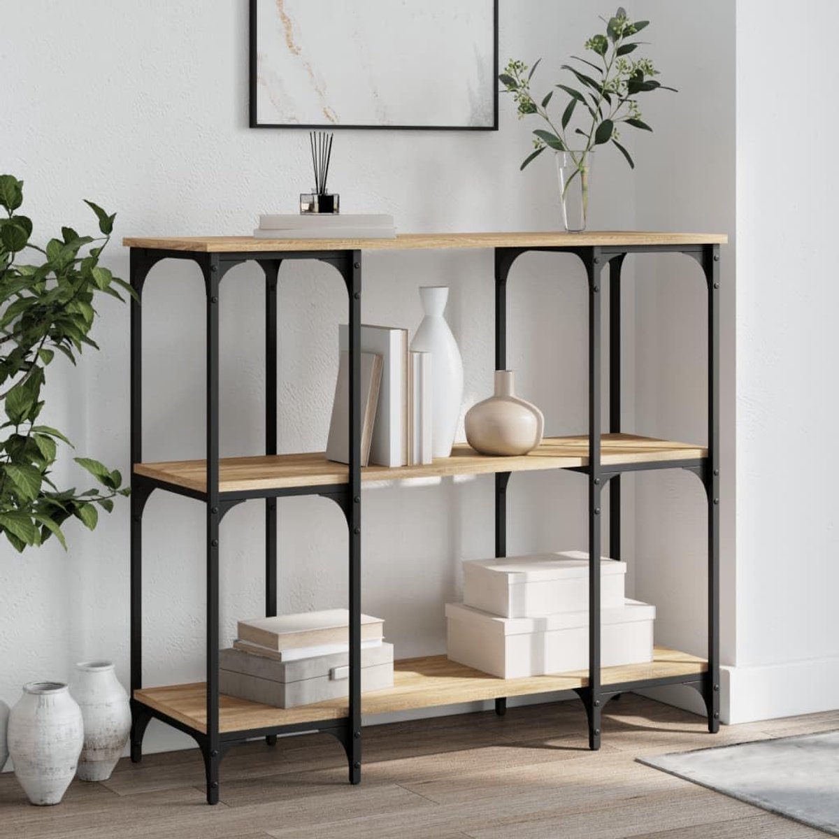 Consoletafel Sonoma eiken 102 x 35 x 90 cm van hout met metalen frame, 8 verstelbare poten en veel opbergruimte voor hal, woonkamer of entree