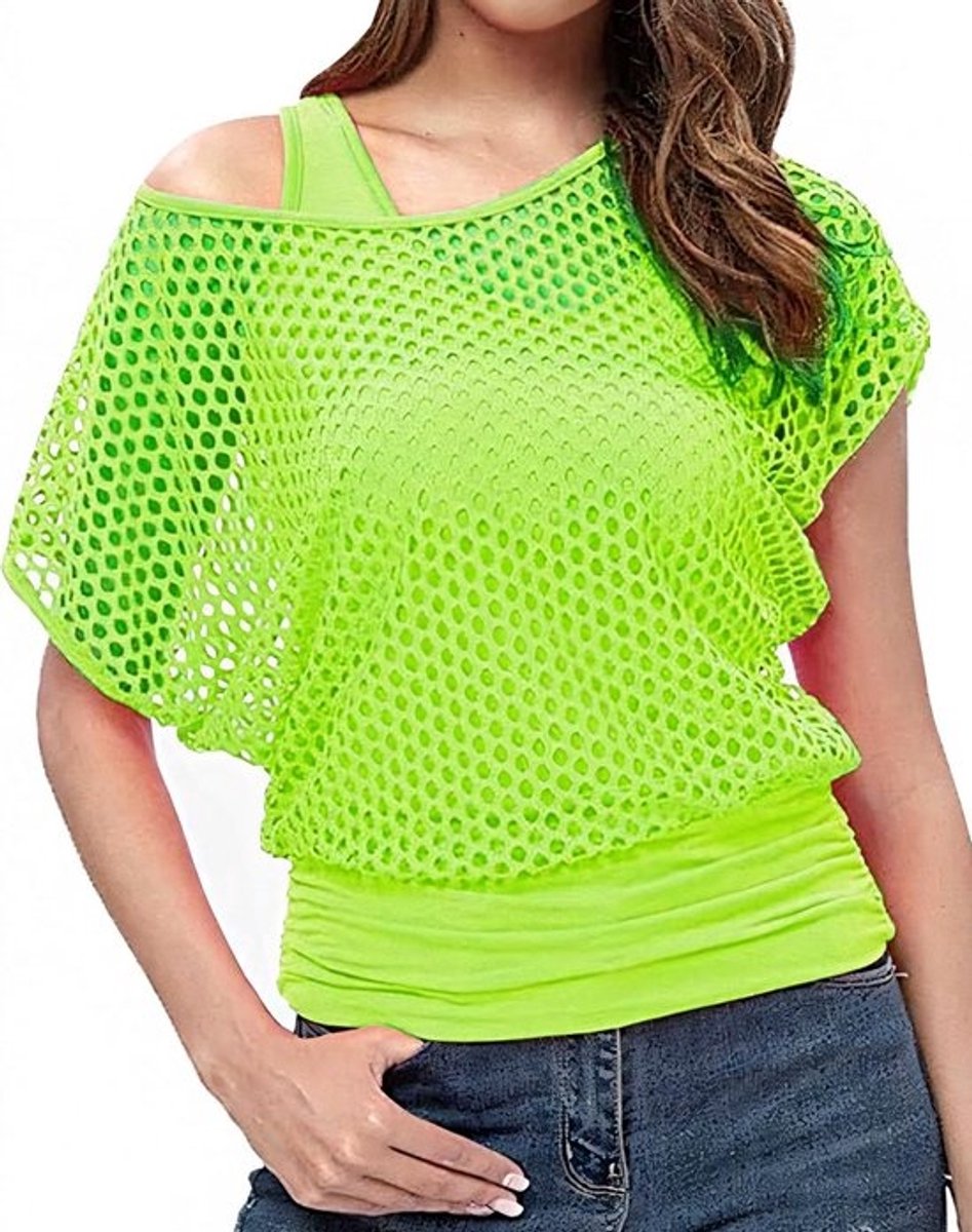 Damesoutfit in jaren 80-stijl - Netshirt, tanktop, beenwarmers, nethandschoenen en neonshirt - Voor themafeesten