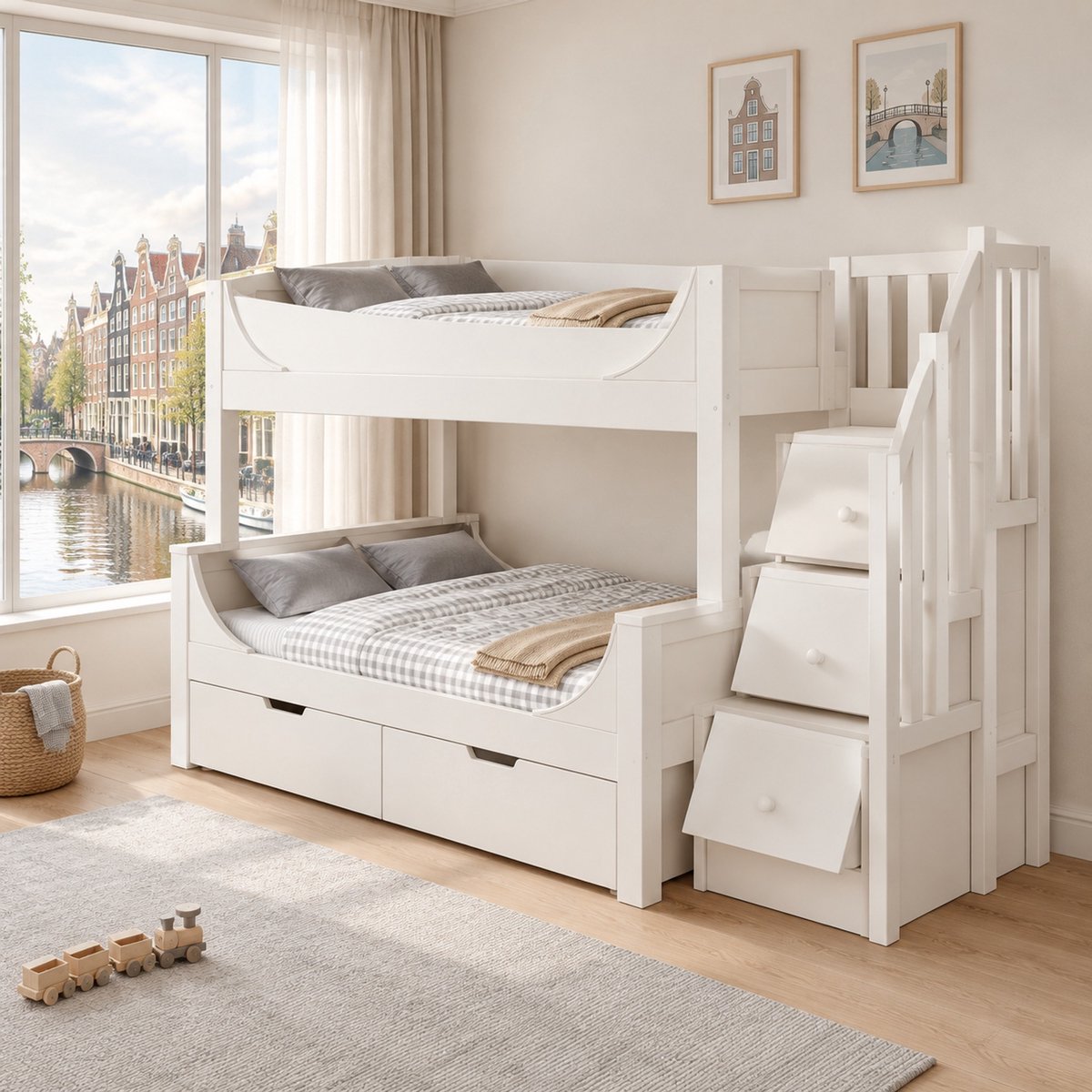 WUVRIE Kinderstapelbed 90x200 en 140x200 cm met trapkast, lades en uitvalbeveiliging, wit