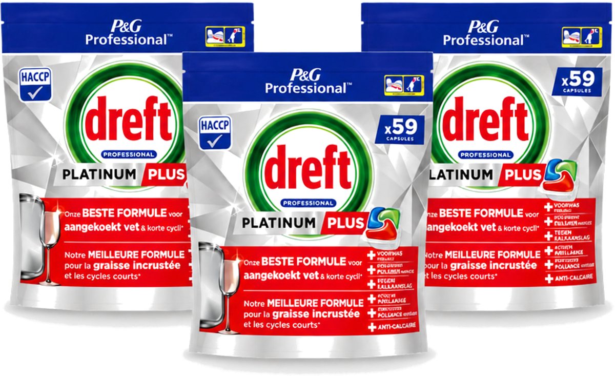 3 x Dreft – Vaatwastabletten – Platinum+ Regular – 59 Tabletten - Voordeelverpakking - 3 stuks