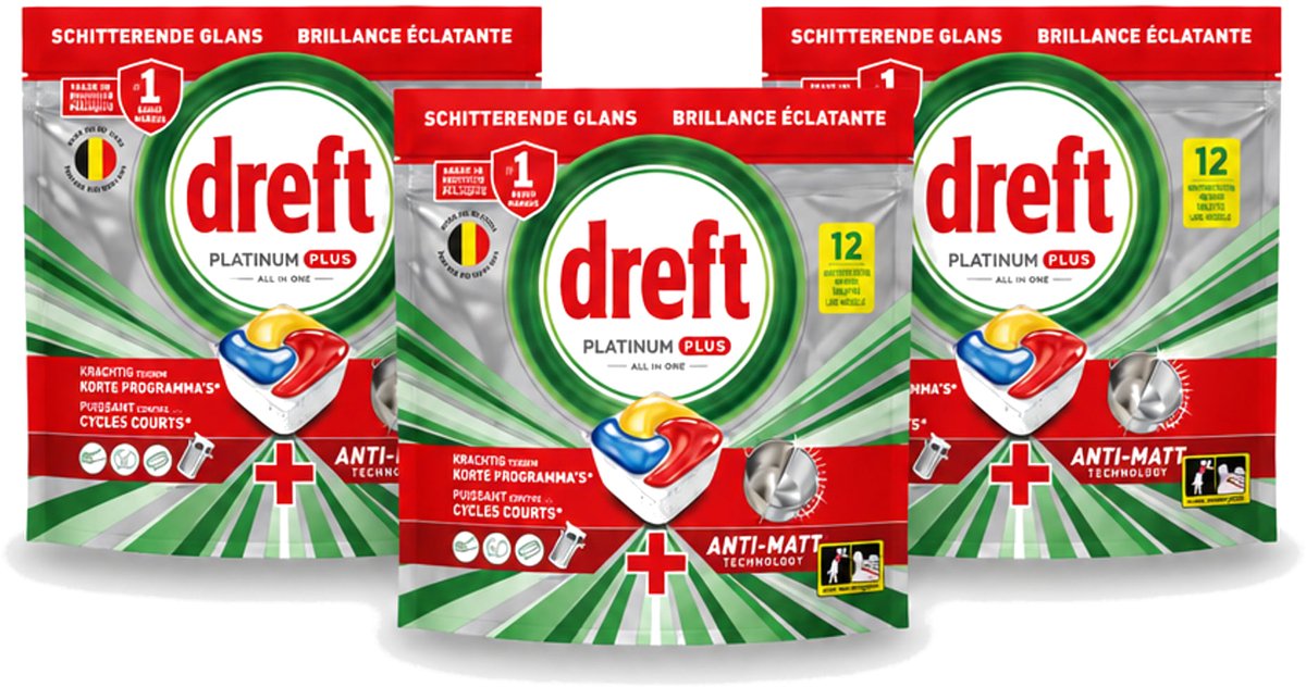 3 x Dreft – Vaatwastabletten – Platinum Plus All-in-One – Lemon – 12 Tabletten - Voordeelverpakking - 3 stuks