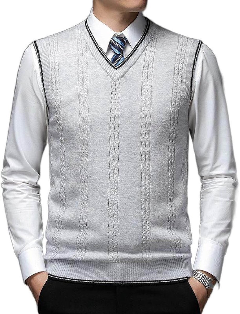 Gilet V-Hals Gebreid Vest, Klassiek Heren Mouwloos Casual Jacquard Vest Pullover Dieptepunt Shirt, Zakelijk Heren Breigoed Gebreid Vest Trui Tanktops, Wit Grijs, S