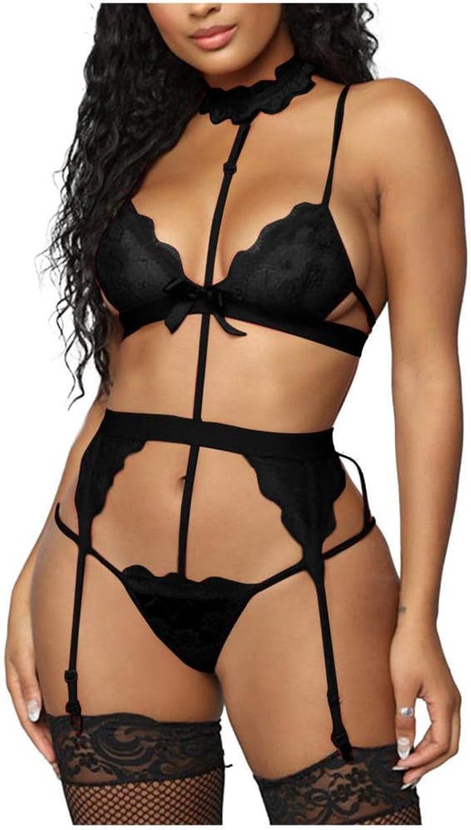 Kleding See Through Dames Sexy Lingerie Kanten Beha Kousenband String Sexy Dunne Dames Nachtkleding set-black_s