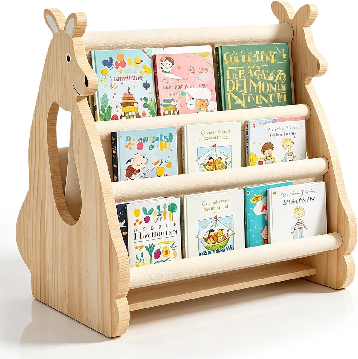 Boekenkast voor kinderen, hout, Montessori-stijl, dubbelzijdig, draagbaar, met handvat, kinderboekenkast, 4 niveaus, massief houten boekenorganizer voor kinderkamer, speelkamer en leeshoek