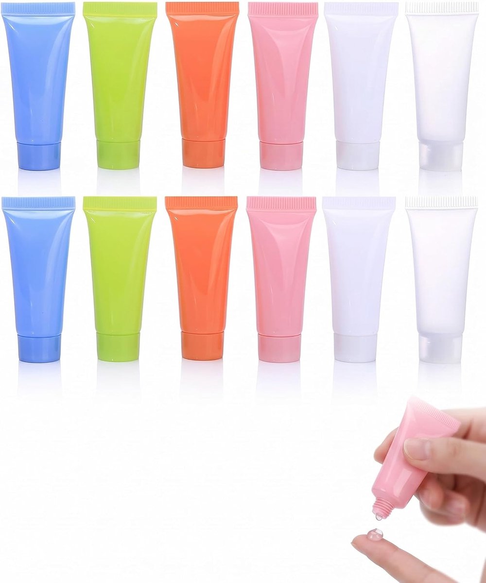 Navulbaar, 12 stuks, 5 ml, 6 kleuren (2/u), transparante kunststof, gemakkelijk te vullen, ideaal voor cosmetica en toiletartikelen, compacte reis