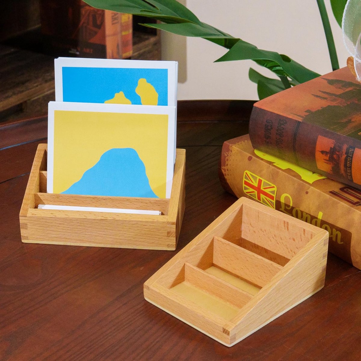 Montessori Grote driedelige doos – set van 2 beukenhouten opslag voor 3-delige kaarten, sortering en classificatie, taalmateriaalorganisatie, thuisschool en klaslokaal kinderen