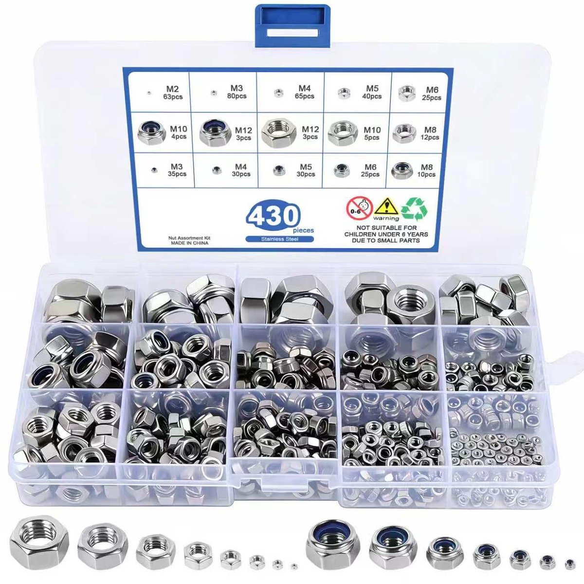 Zeskantmoeren, set 430 stuks roestvrijstalen borgmoeren, nylon, M2, M3, M4, M5, M6, M8, M10, M12, set met opbergdoos